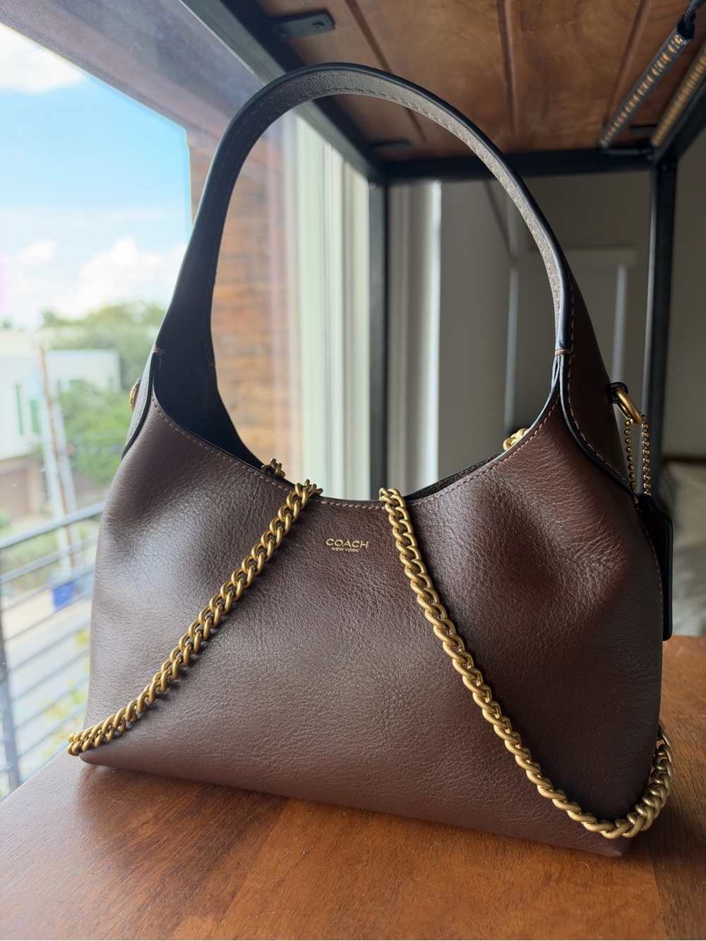 COACH Brooklyn 23: Dark Brown Pebble Leather Shoulder Bag with Gold Chain